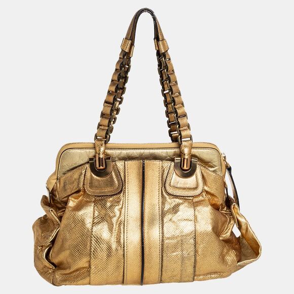 Chlo&eacute; Metallic Gold Embossed Leather Heloise Satchel - Picture 1 of 4